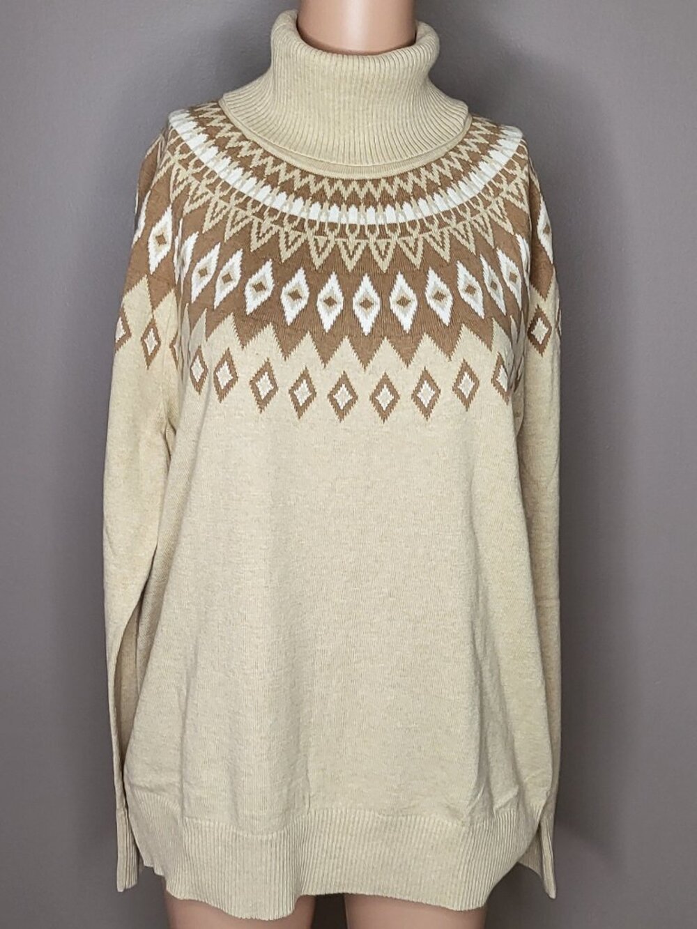 L.L.Bean Fair Isle Turtleneck Sweater Cotton Cashmere Cream Brown XL NWT